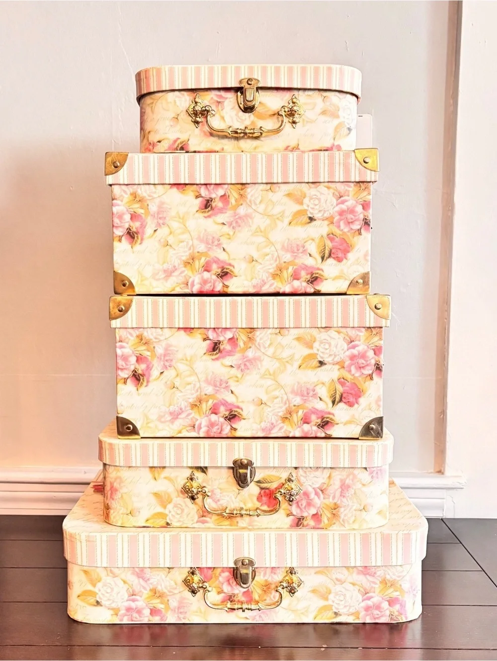 Set of 5 Decorative Floral Storage Boxes with Vintage Style Handles and StripedL